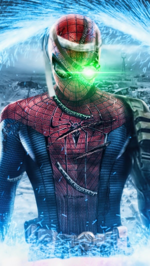 Spider-Man with glowing green eyes and blue energy