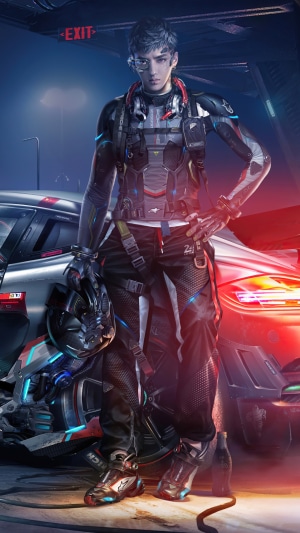 Sci-fi character in futuristic racing suit with car