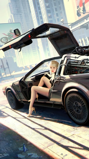 Woman in a DeLorean car in a futuristic city