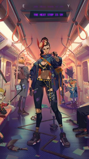Jinx from League of Legends on a subway train