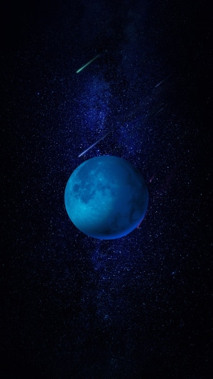 Blue planet in a starry digital universe with shooting stars