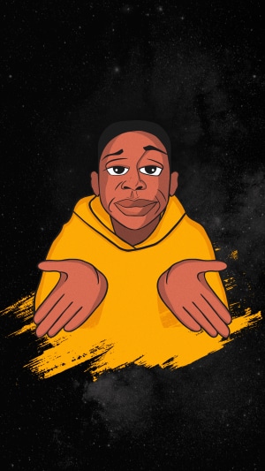 Cartoon man in yellow hoodie shrugging against starry background