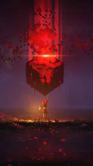 Girl with Lantern Reaching for Floating Red Cube