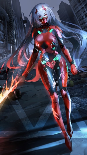 Anime girl in red cybernetic suit with glowing sword