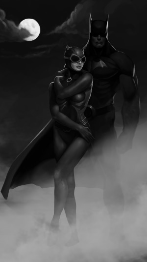 Batman and Catwoman in monochrome