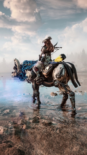 Aloy riding a mechanical creature in Horizon Forbidden West 4K