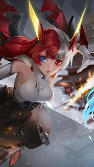Girl with red and white hair and heterochromia from Blades of Time