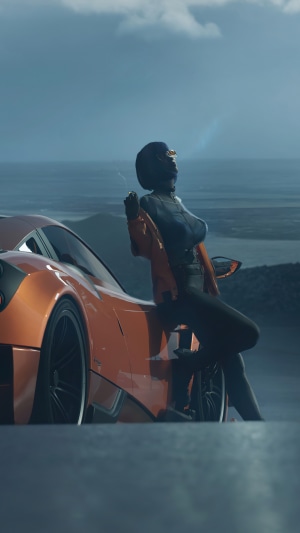 Woman in mask smoking next to a sports car