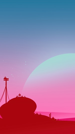 Silhouette figures on a hill with a large planet