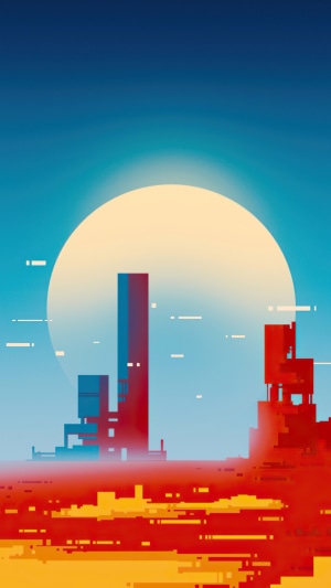 Digital art of a futuristic city at sunset