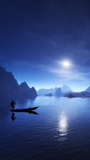Man in boat on lake with mountains and sun