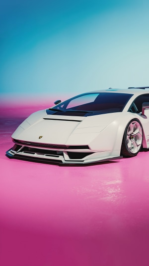 White Lamborghini Countach on pink and blue background