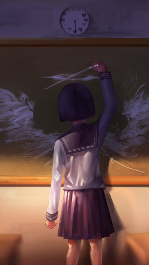 Girl drawing angel wings on a blackboard