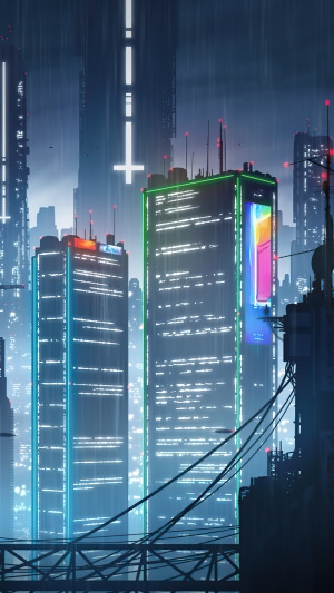 Sci-fi cityscape with glowing skyscrapers and rain