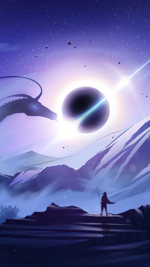 Dragon and warrior during a solar eclipse