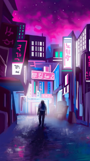 Person walking down a neon-lit alley at night