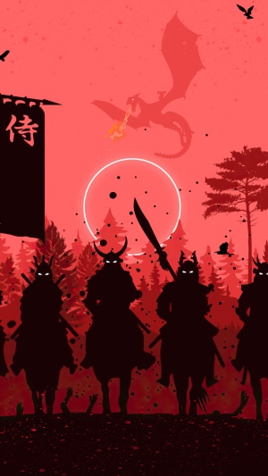 Samurai army facing a dragon in a minimalist artwork