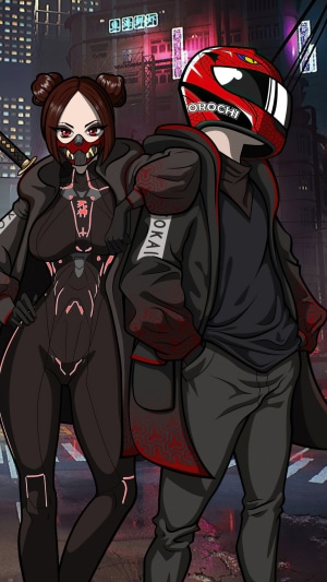 Cyberpunk couple with katana and motorcycle helmet