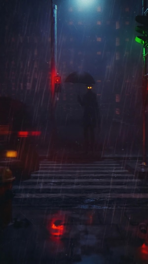 Figure with umbrella in rainy city street 4K