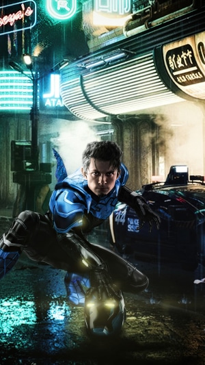 Blue Beetle from DC Comics in a Cyberpunk City