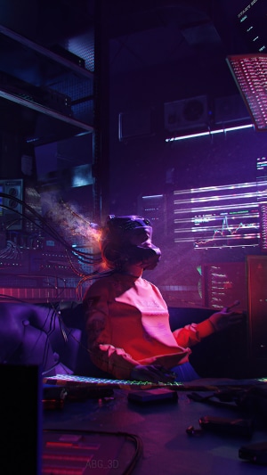Person in VR headset in a dark room with monitors