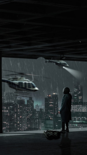 Man watching helicopters over city at night
