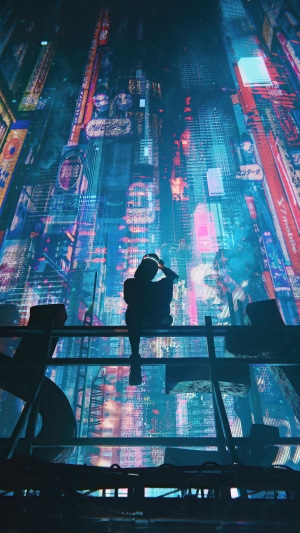 Silhouette sitting on railing in neon cityscape 4K
