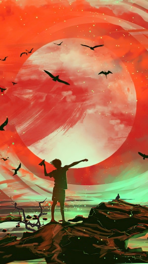 Silhouette of a person throwing a bottle at birds
