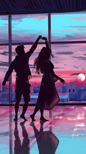 Couple dancing at sunset with city view