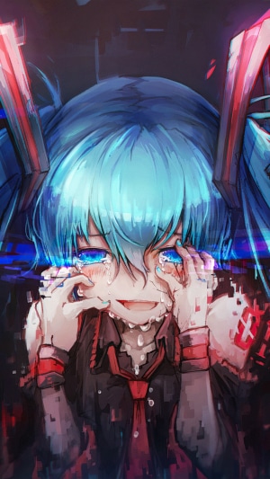 Hatsune Miku from Vocaloid crying with digital glitch effects