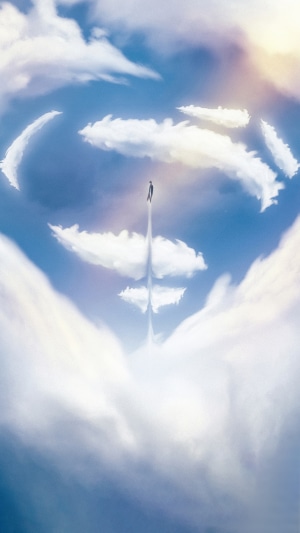 Superman flying through clouds forming the S-shield