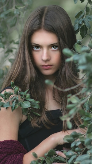 Young girl with long brown hair among green leaves