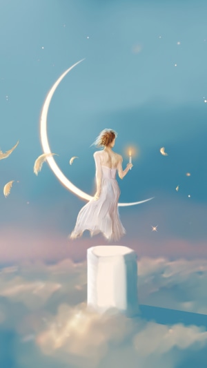 Woman with candle on crescent moon over clouds