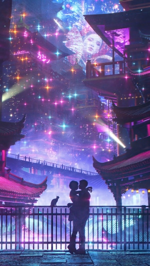 Couple embracing in a neon-lit cyberpunk city