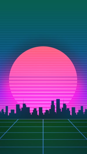 Retrowave synthwave cityscape with large sun