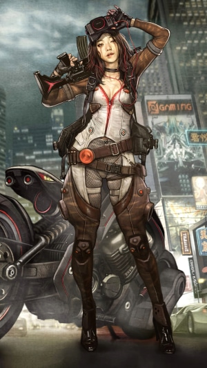 Woman with gun and motorcycle in city