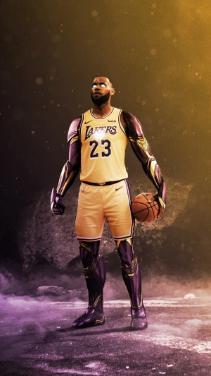 LeBron James in Lakers uniform with futuristic armor