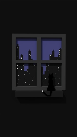 Minimalist black cat silhouette looking out a window at a city skyline at night