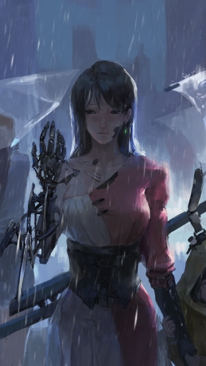 Cyborg woman with mechanical arm in the rain