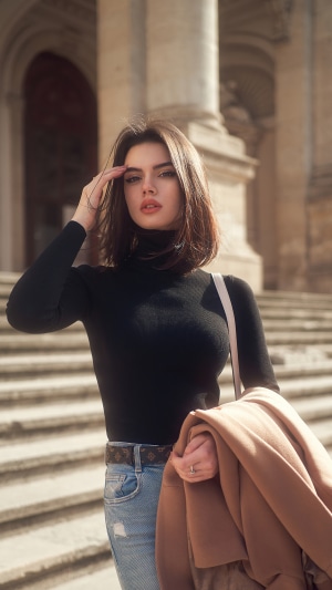 Brunette model in black turtleneck and jeans