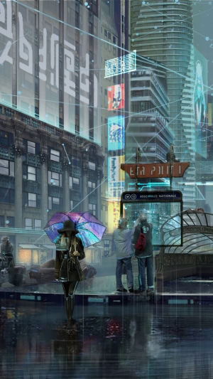 Cyberpunk city street with people and umbrellas