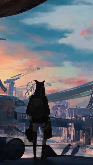 Girl with cat ears in industrial landscape at sunset