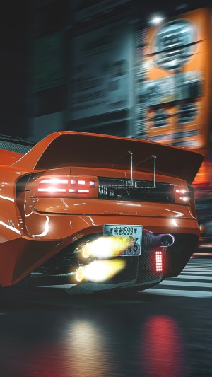 Orange Nissan sports car with exhaust flames