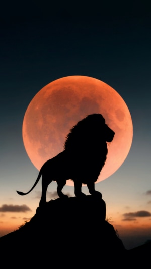 Lion silhouette against a large orange moon