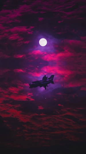 Spaceship flying through a purple and pink cloudy sky with a full moon