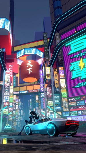 Girl in futuristic city with a car