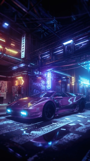 Purple Lamborghini in a Neon Cyberpunk City