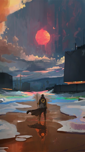 Man with staff and cape in a desolate landscape