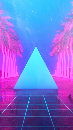 Synthwave digital art with neon pyramid and palm trees