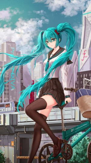 Hatsune Miku from Vocaloid with a bicycle in a city